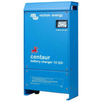 Victron Energy Centaur battery charger 12/50 with analog output current gauge on bright blue metal enclosure.