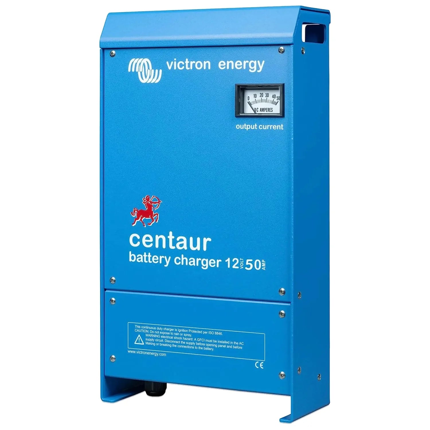 Victron Energy Centaur battery charger 12/50 with analog output current gauge on bright blue metal enclosure.