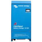 Victron Energy Centaur 12/80 battery charger with analog output current meter on bright blue metal enclosure.