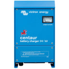 Victron Energy Centaur 24/16 battery charger, blue metal enclosure with output current meter and warning label.