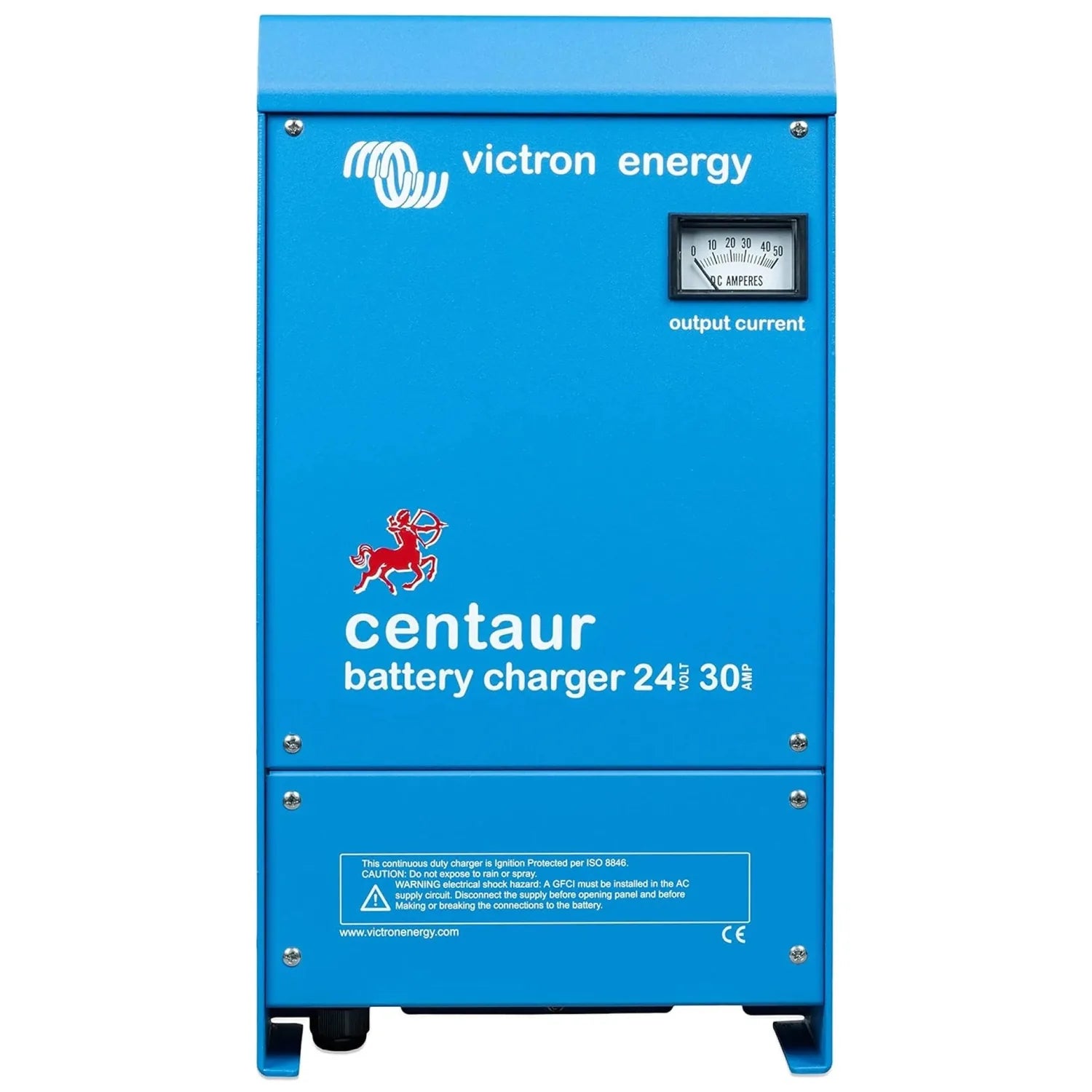 Victron Energy Centaur 24V 30A battery charger with analog ammeter displaying output current, front view.
