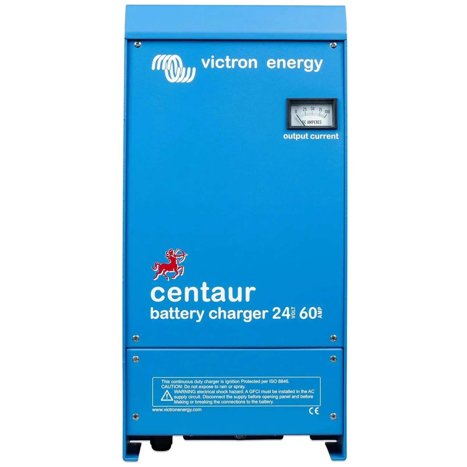 Victron Energy Centaur 24/60 battery charger, blue metal enclosure with analog output current meter and warning label.