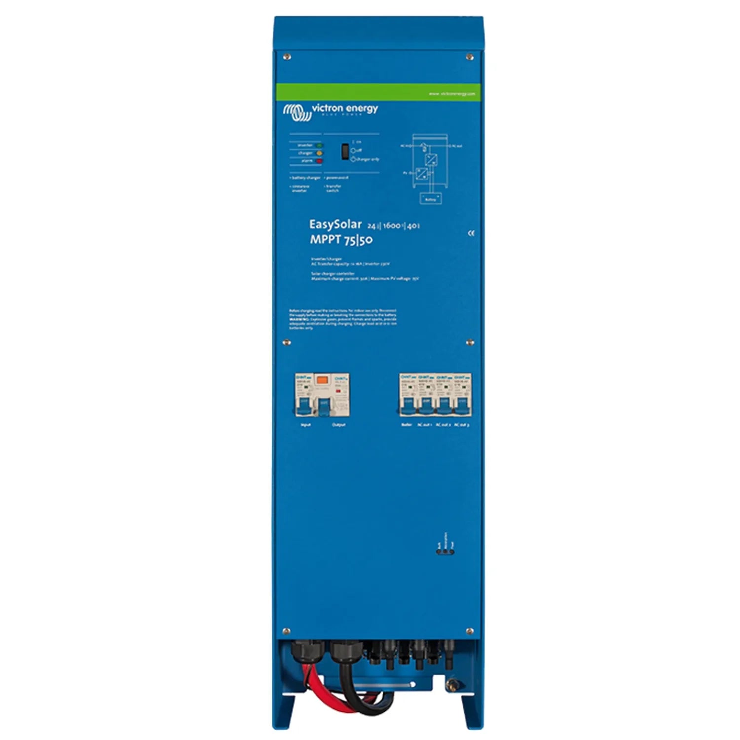 Victron Energy EasySolar MPPT 75|50 solar charge controller, blue front panel with specifications, input/output connectors, a