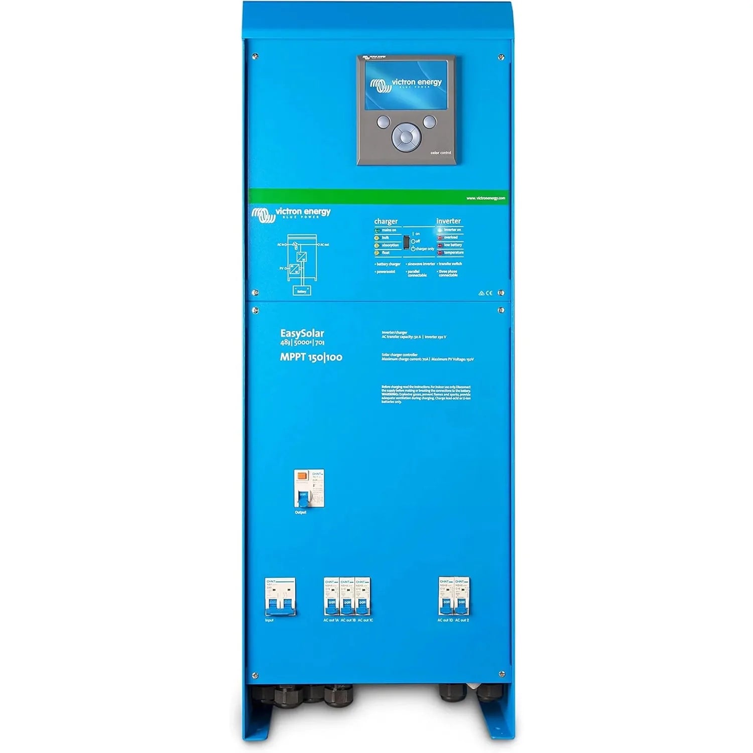 Victron EasySolar blue solar charger with integrated display panel showing charger and inverter specifications, circuit diagr