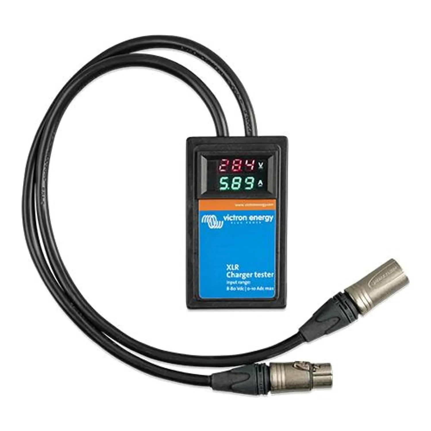 Victron Energy XLR Charger Tester with attached cables, displaying 28.4V and 5.89A on dual LED readouts.