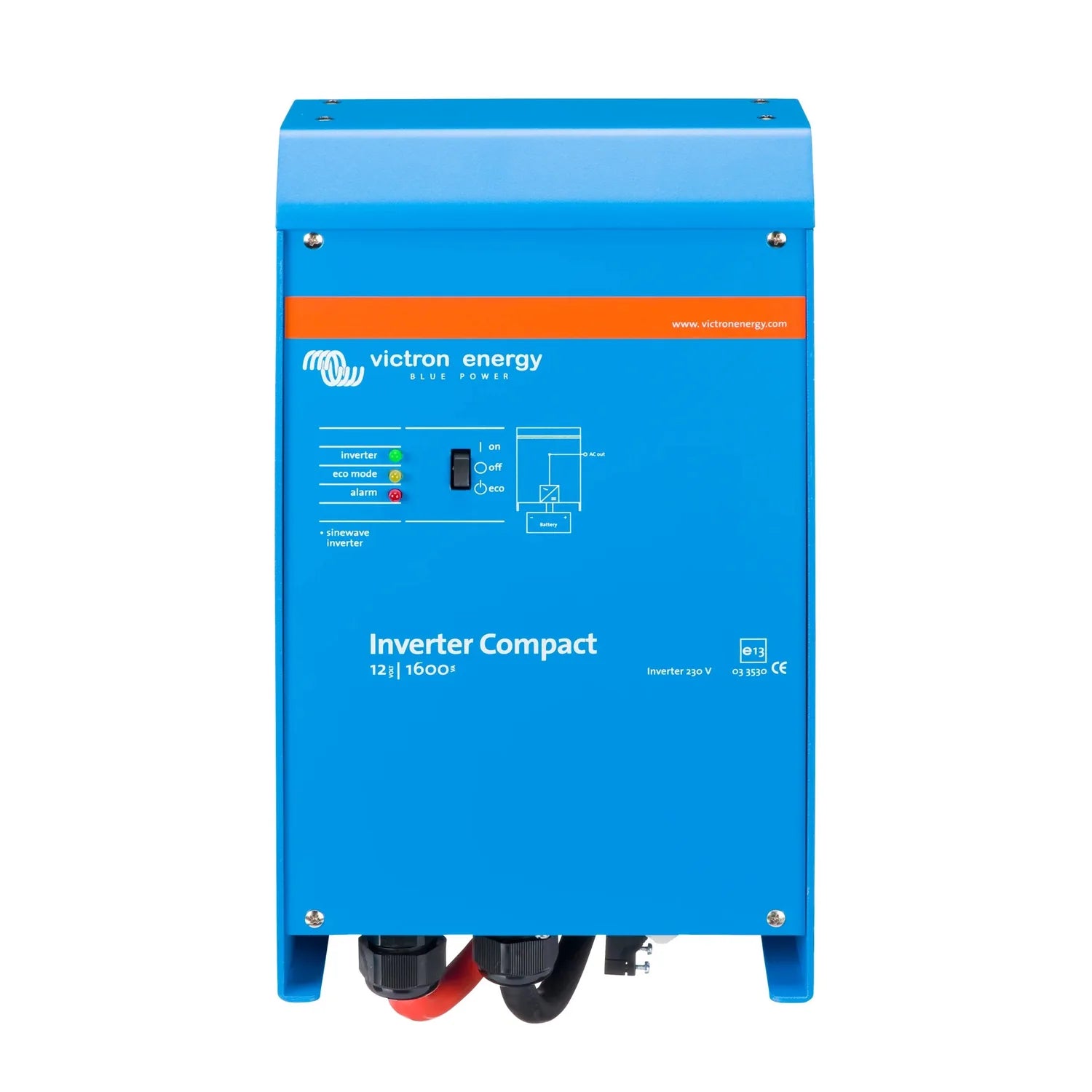 Victron Energy blue power inverter with status indicator lights and on/off switch, mounted on stand with cable connectors at 