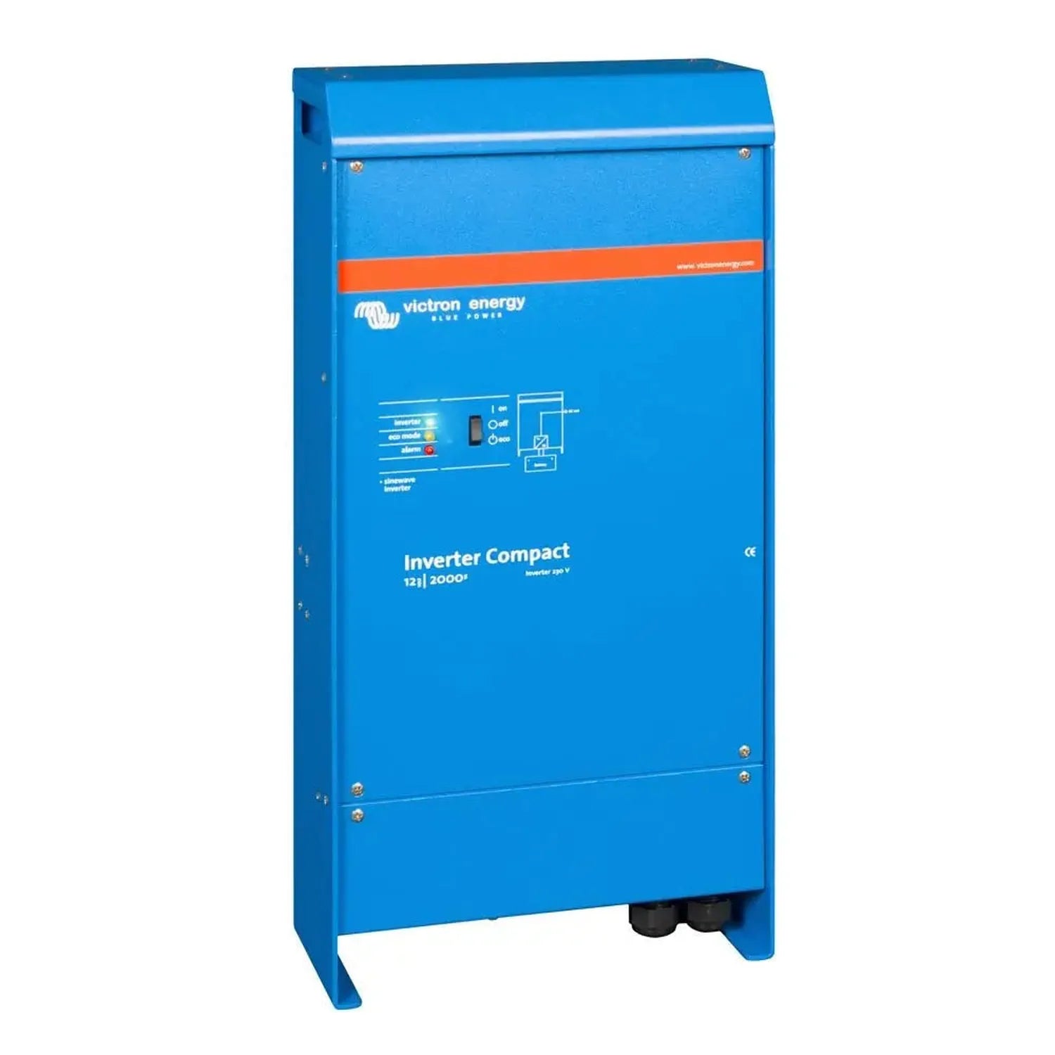 Victron Energy blue Inverter Compact 12/2000 power unit with orange stripe and control panel.