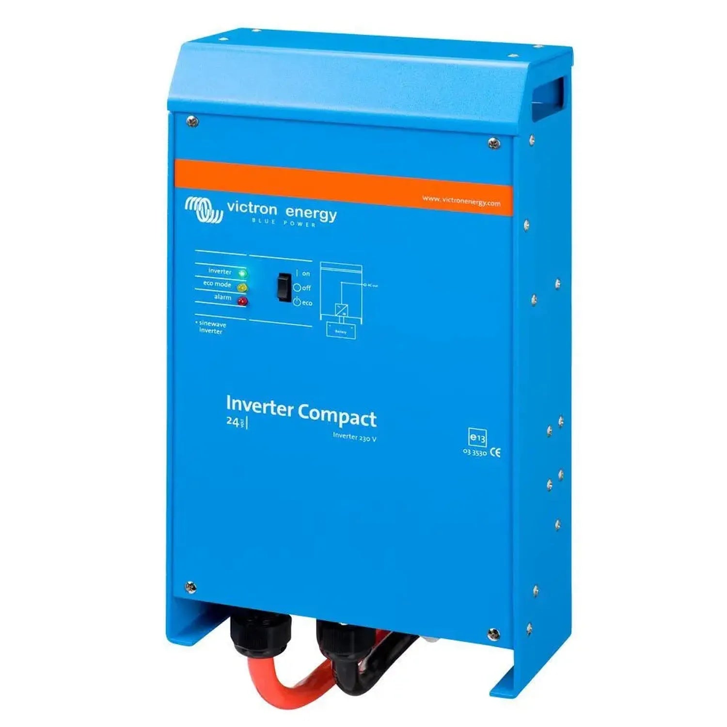 Victron Energy blue Inverter Compact 24/1 unit with control panel showing inverter, eco mode, and alarm indicators.