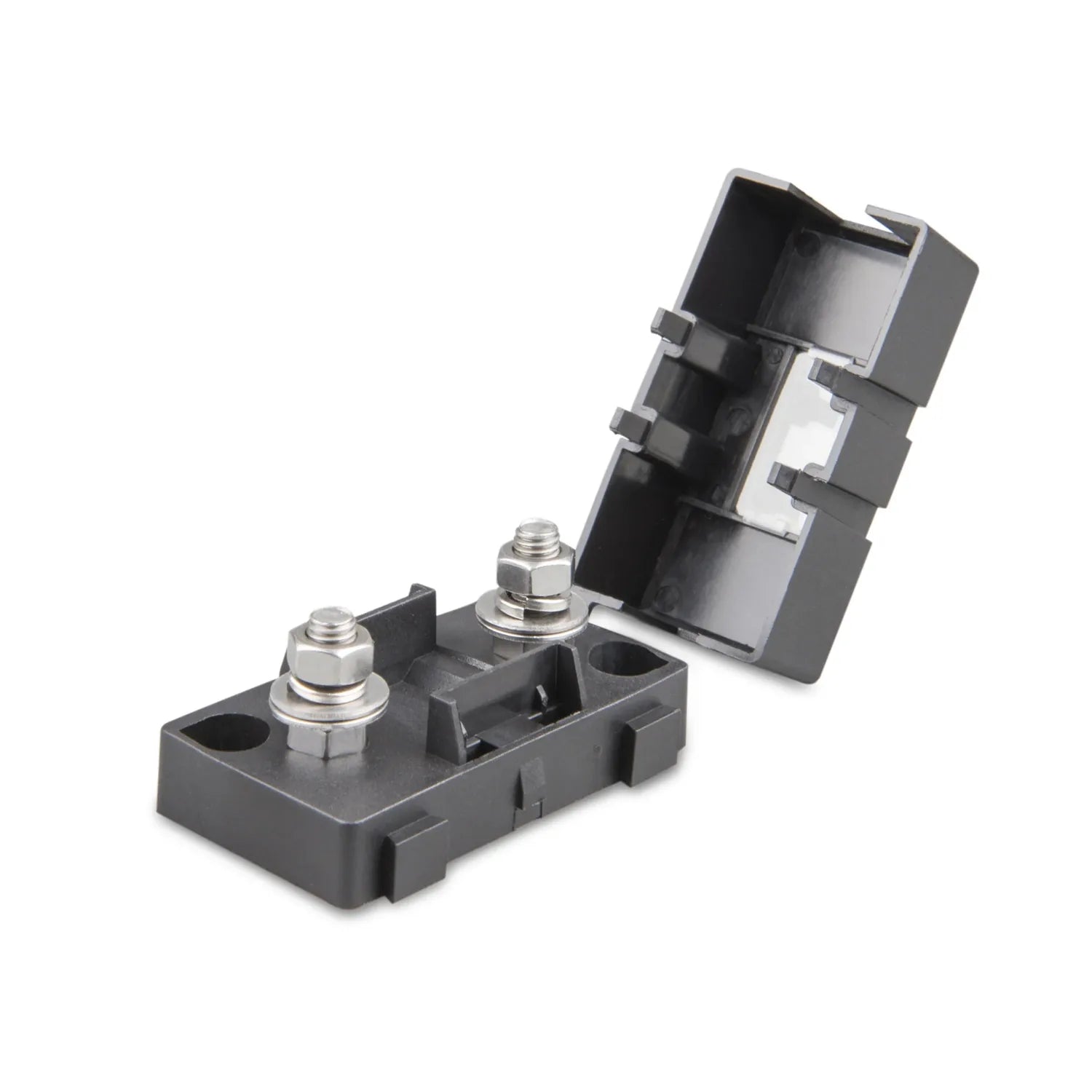 Victron MIDI fuse holder with two metal terminal posts and hinged cover displaying internal fuse compartments.