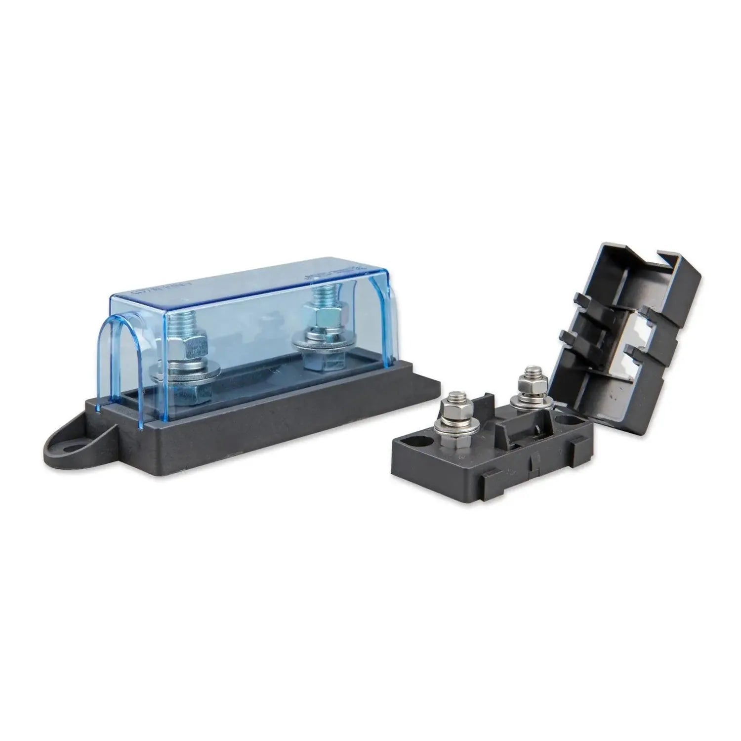 Victron MEGA-Fuse Holder components: blue-capped fuse holder housing with metal terminals and black base bracket, plus separa