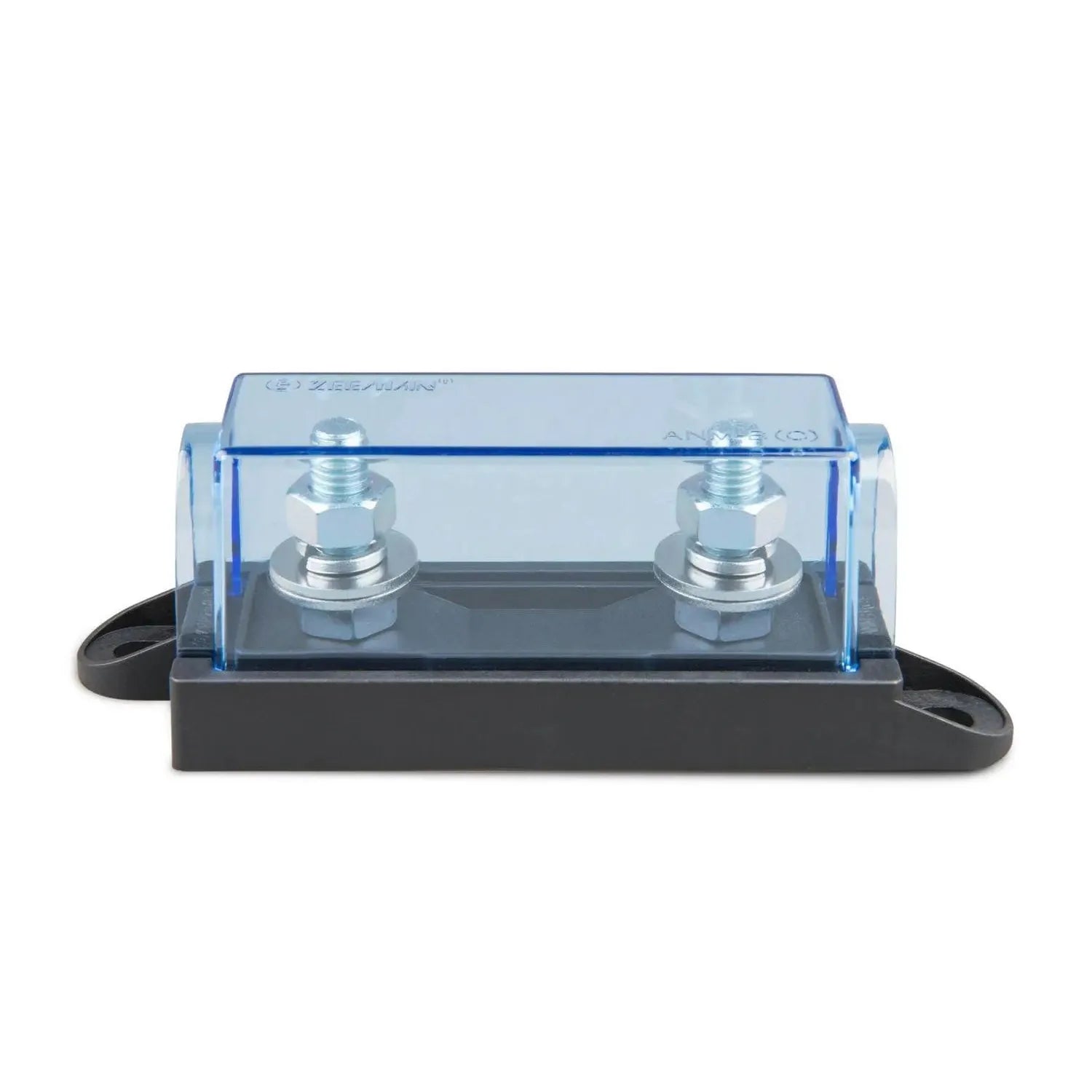 Victron MEGA-Fuse Holder with blue transparent cover and two silver terminal bolts mounted on black base.