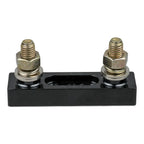 Black fuse holder with two brass terminal studs and metal washers on white background.