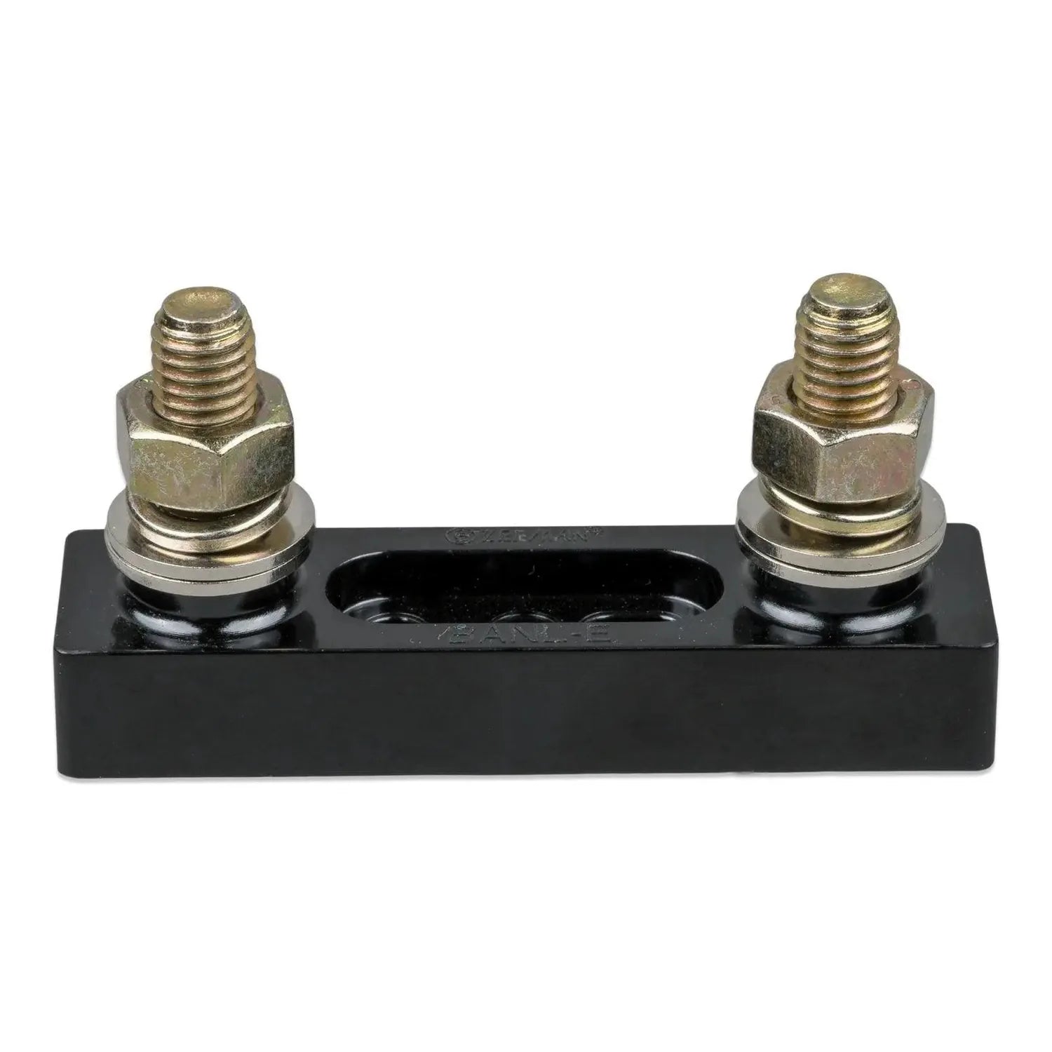 Black fuse holder with two brass terminal studs and metal washers on white background.