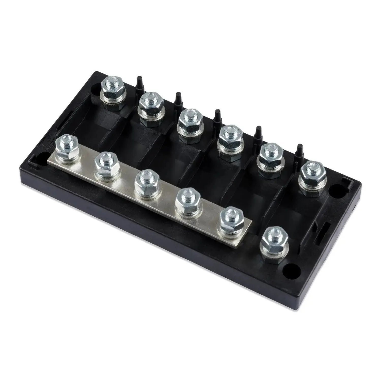 Black plastic fuse holder with six silver terminal posts and metal bus bar, isolated on white background.