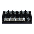 Victron 6-way MEGA fuse holder with chrome terminal bolts mounted on black plastic base, product alone view.