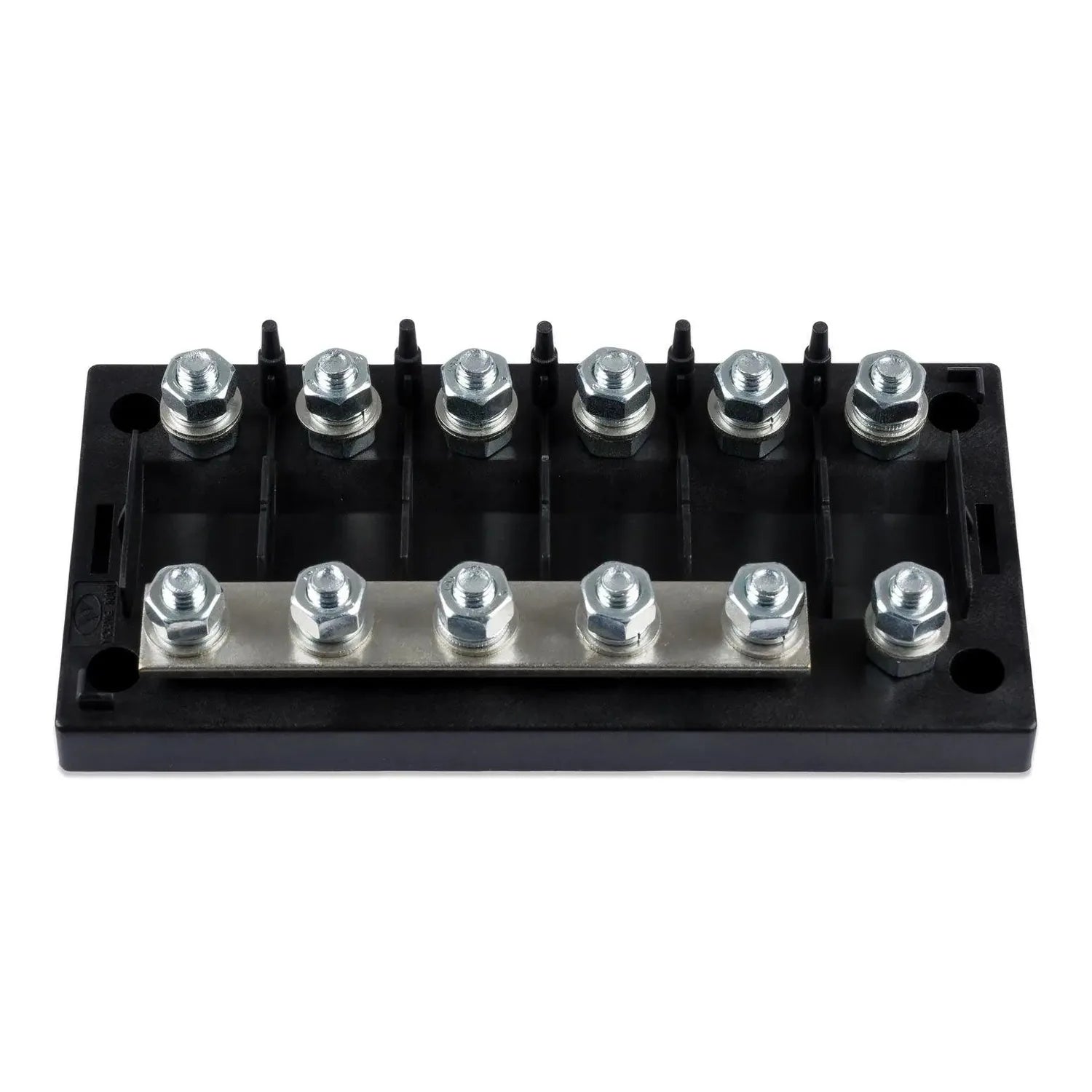 Victron 6-way MEGA fuse holder with chrome terminal bolts mounted on black plastic base, product alone view.