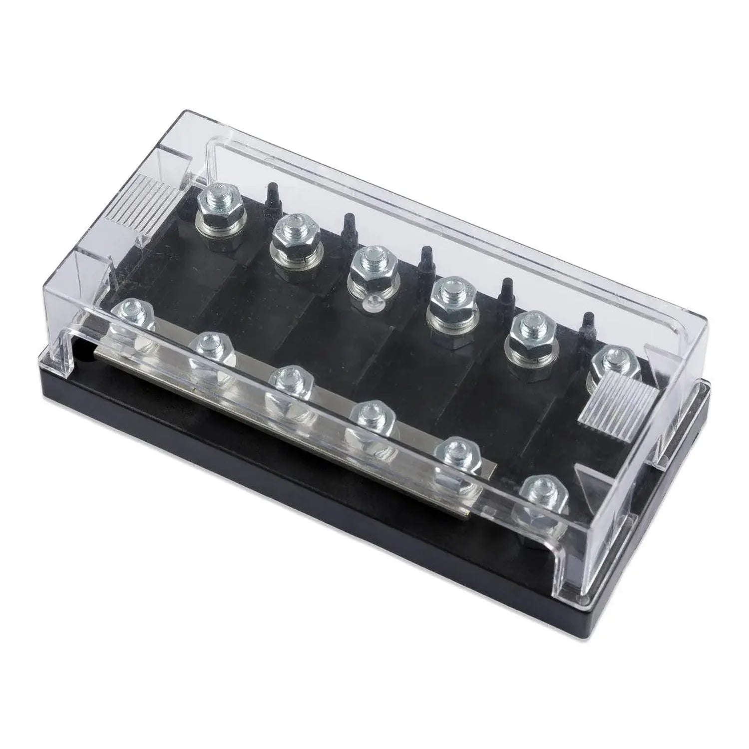 Victron 6-way MEGA fuse holder with clear polycarbonate cover and metallic terminals, product shot on white background.