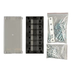 Victron 6-Way MEGA Fuse Holder components laid out: transparent cover, black fuse holder base, and two bags of zinc-plated sc