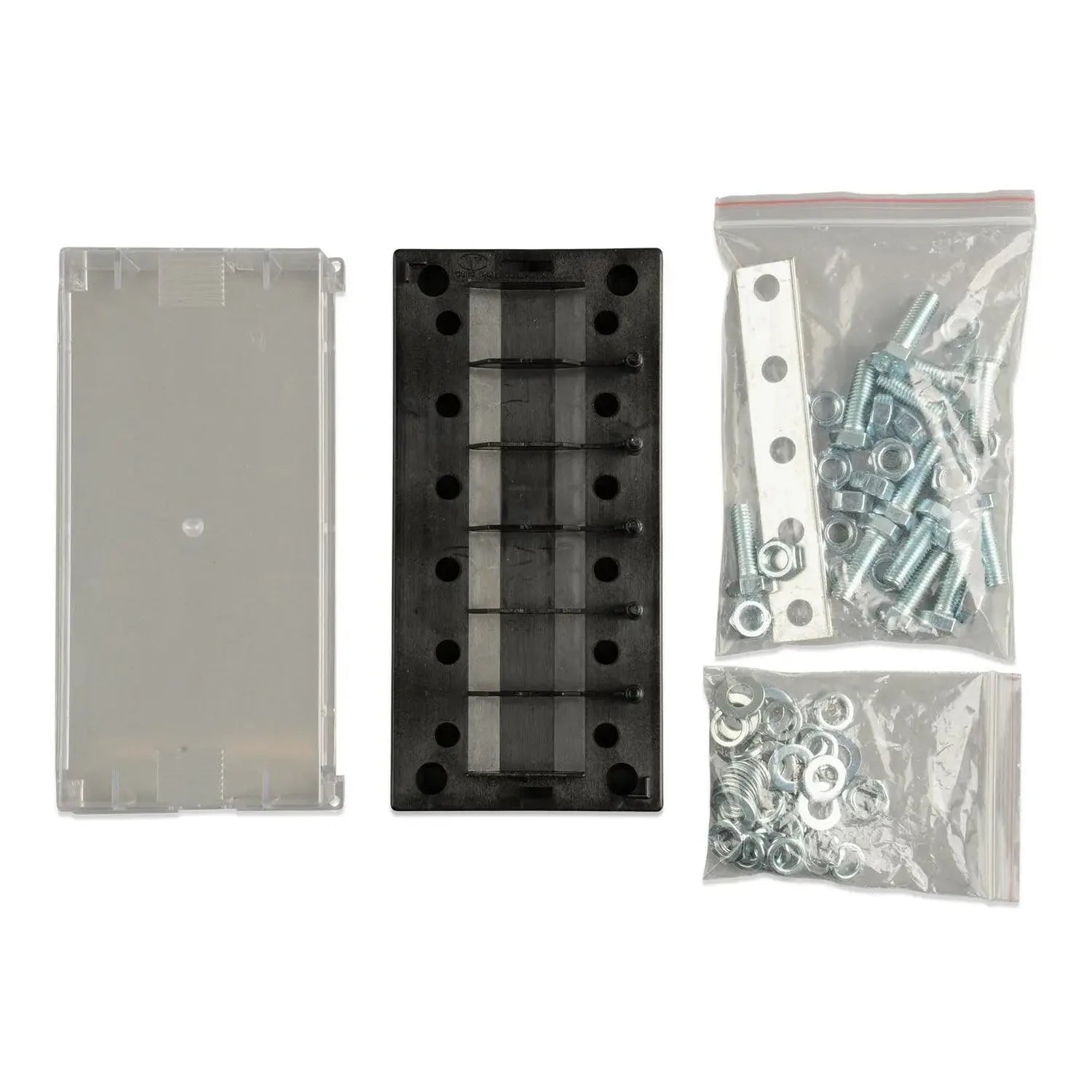 Victron 6-Way MEGA Fuse Holder components laid out: transparent cover, black fuse holder base, and two bags of zinc-plated sc
