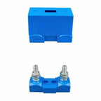 Victron modular fuse holder assembly showing blue plastic housing with stainless steel threaded terminals and matching compon