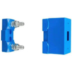 Blue modular fuse holder with two stainless steel threaded studs and rectangular mounting block, front and side views.
