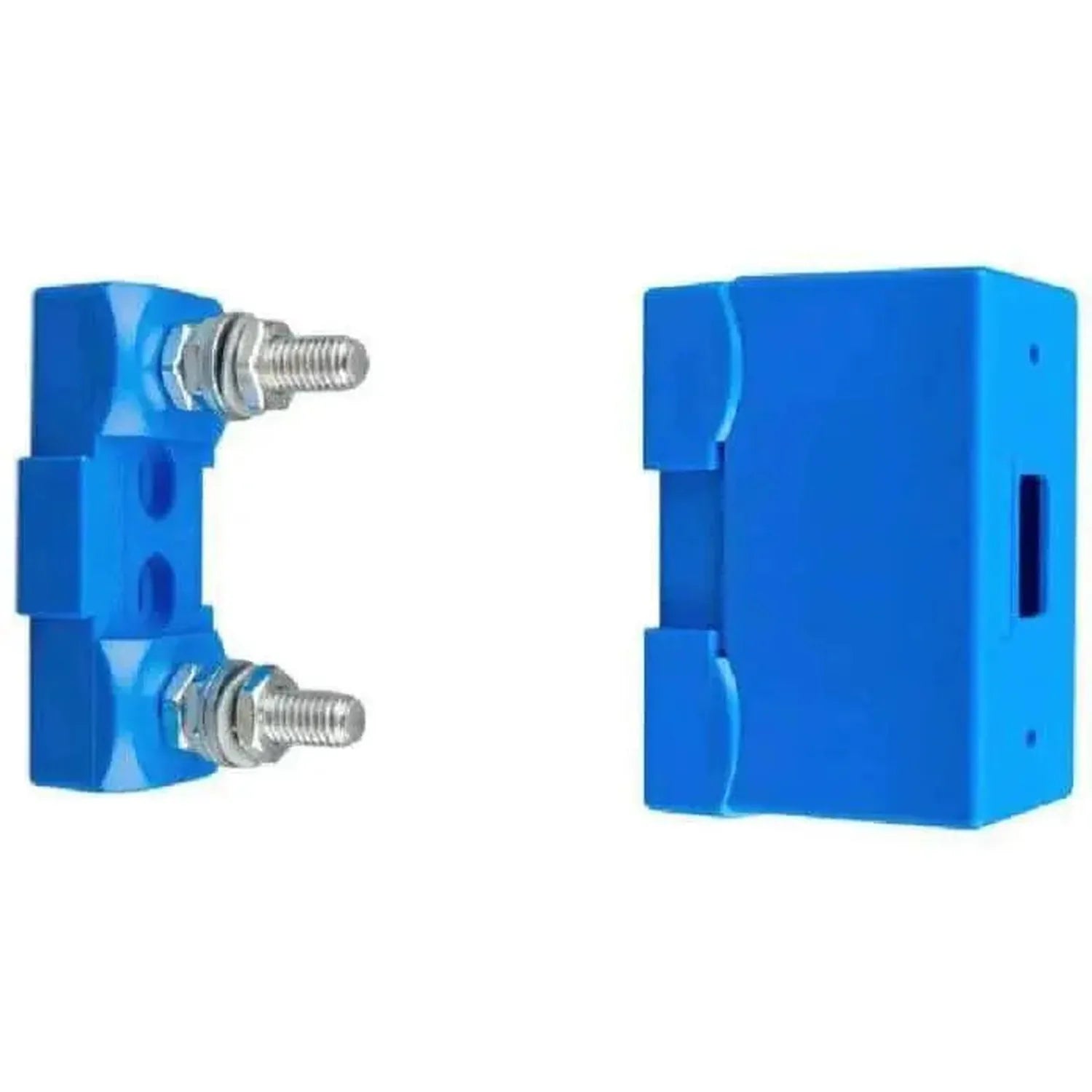 Blue modular fuse holder with two stainless steel threaded studs and rectangular mounting block, front and side views.