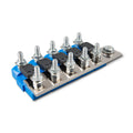 Blue and silver 5-way fuseholder busbar with multiple threaded studs and black contact blocks, product alone on white backgro