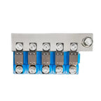 Victron 5-Way MEGA Fuseholder Busbar with five metal terminals mounted on blue base and silver top plate, shown from above.