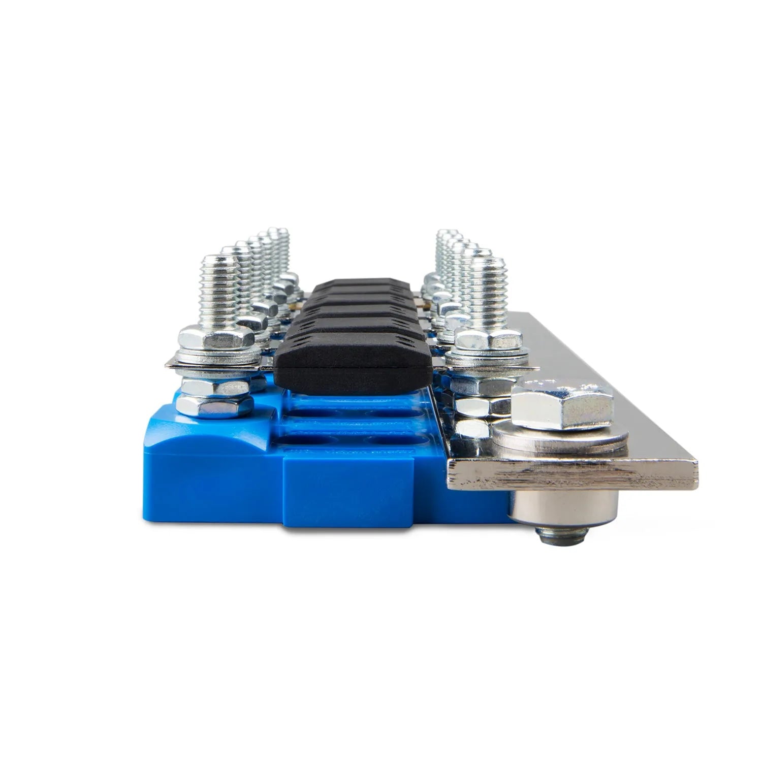 Blue and silver 5-way fuseholder busbar with threaded studs and nuts on both ends, shown isolated against white background.