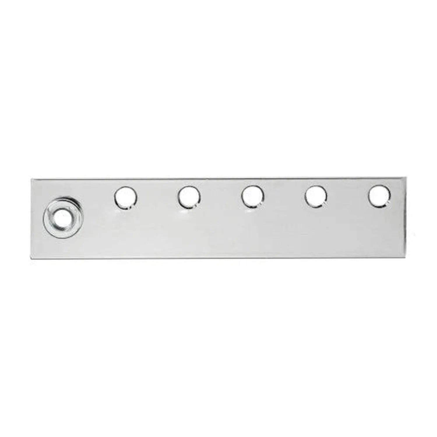 Horizontal metal busbar with one large circular connector on left and five smaller circular ports arranged across the surface