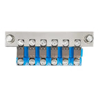 Victron busbar with 6 MEGA fuseholder positions, top view showing stainless steel mounting plate with blue connectors and cir