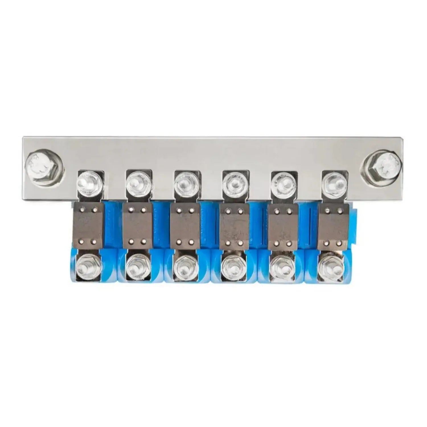 Victron busbar with 6 MEGA fuseholder positions, top view showing stainless steel mounting plate with blue connectors and cir