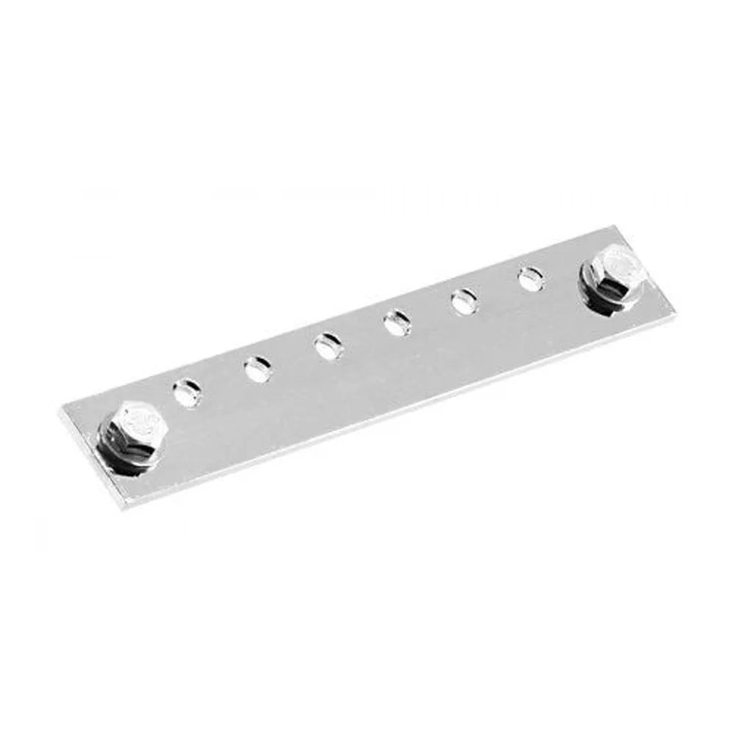 Aluminum busbar with six circular holes and two metal connectors at each end for MEGA fuseholders.