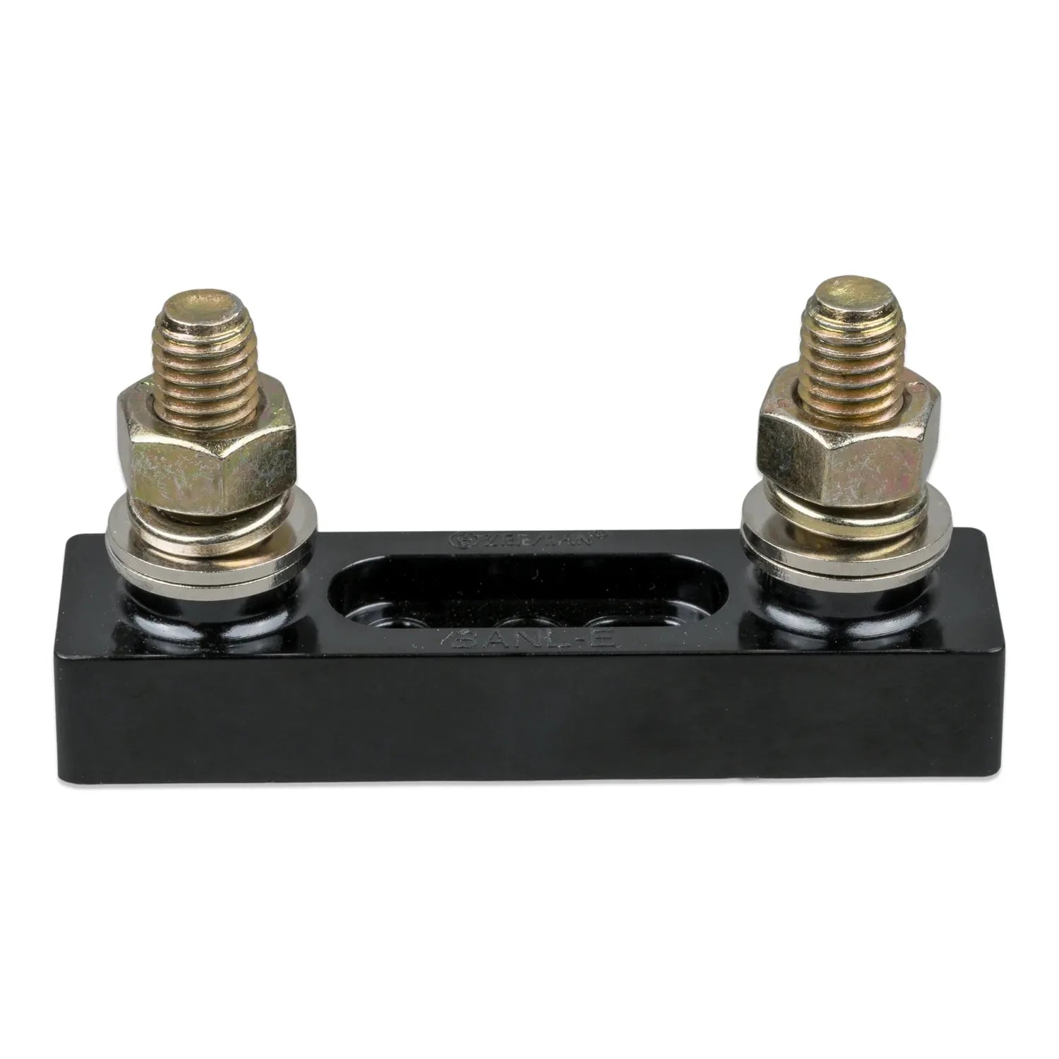 Victron ANL fuse holder with two brass terminal studs and silver washers mounted on black rectangular base.
