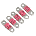 Five 125A bolt-down fuses with pink covers and metal terminal lugs arranged in a row.