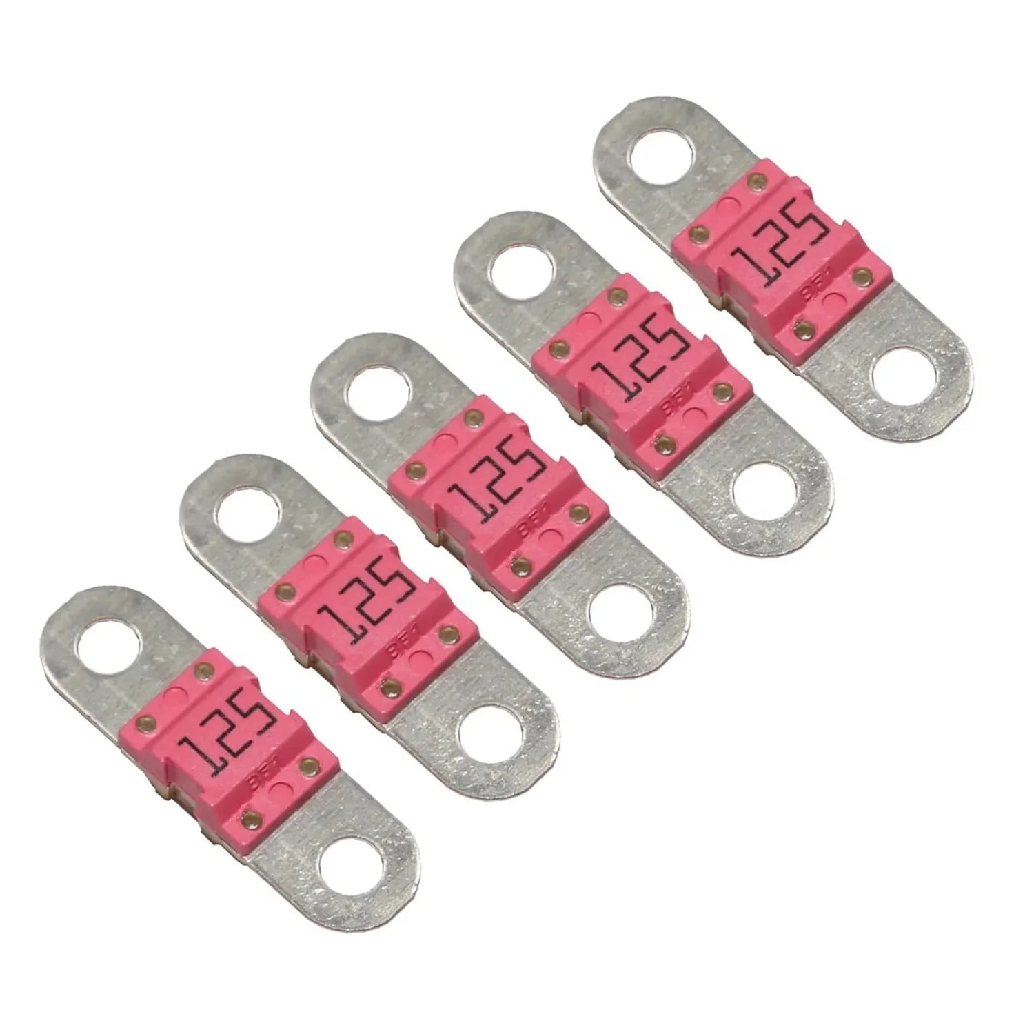 Five 125A bolt-down fuses with pink covers and metal terminal lugs arranged in a row.