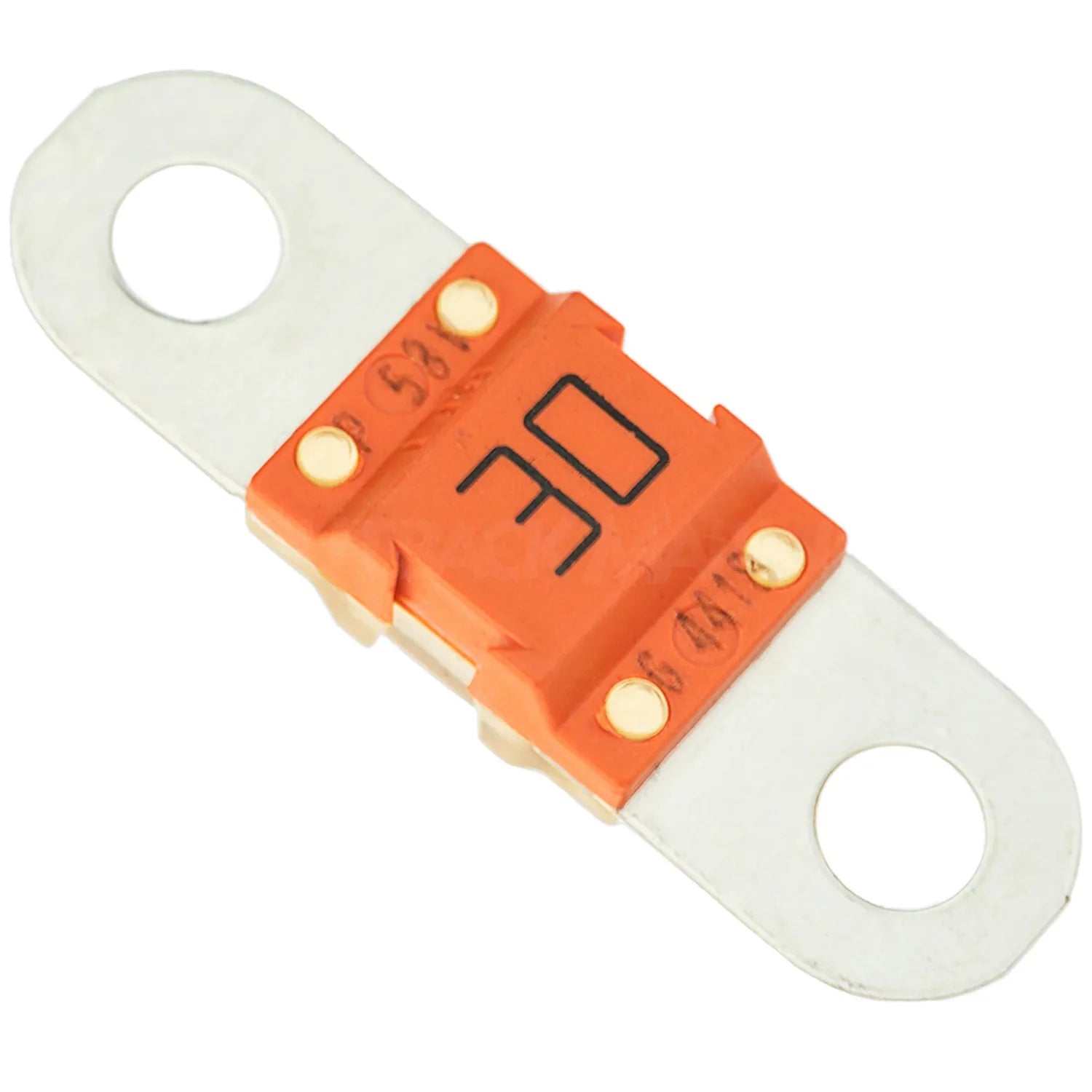 Victron MIDI fuse 30A rating, orange body with brass terminals and mounting holes on white carrier strip.