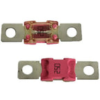 Front and rear views of a Victron MEGA-Fuse 250A blade fuse with red housing, metal terminals, and pink indicator elements.
