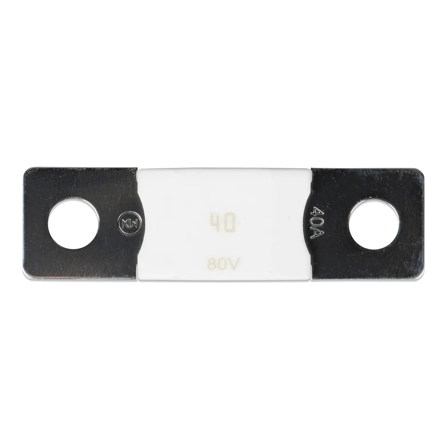 Victron MEGA-fuse 40A/80V DC with black metal end caps and white ceramic center, marked with 40 and 80V ratings.