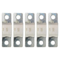 Five Victron MEGA-fuses rated 125A/80V, metal and ceramic construction with dual mounting holes, arranged in a row.