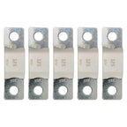 Five Victron MEGA-fuses rated 125A/80V, metal and ceramic construction with dual mounting holes, arranged in a row.