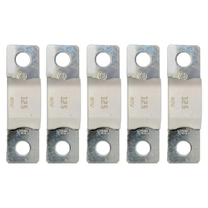 Five Victron MEGA-fuses rated 125A/80V, metal and ceramic construction with dual mounting holes, arranged in a row.