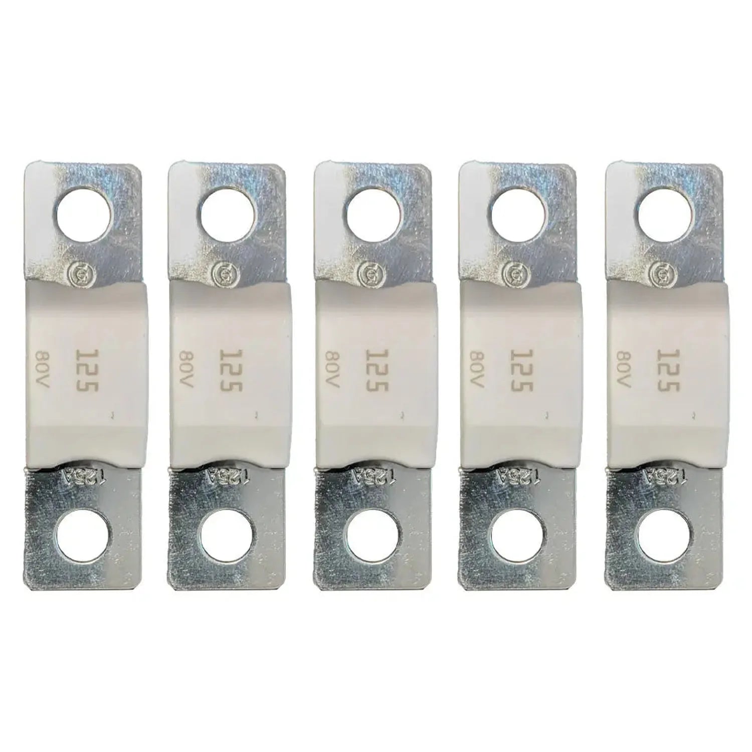 Five Victron MEGA-fuses rated 125A/80V, metal and ceramic construction with dual mounting holes, arranged in a row.