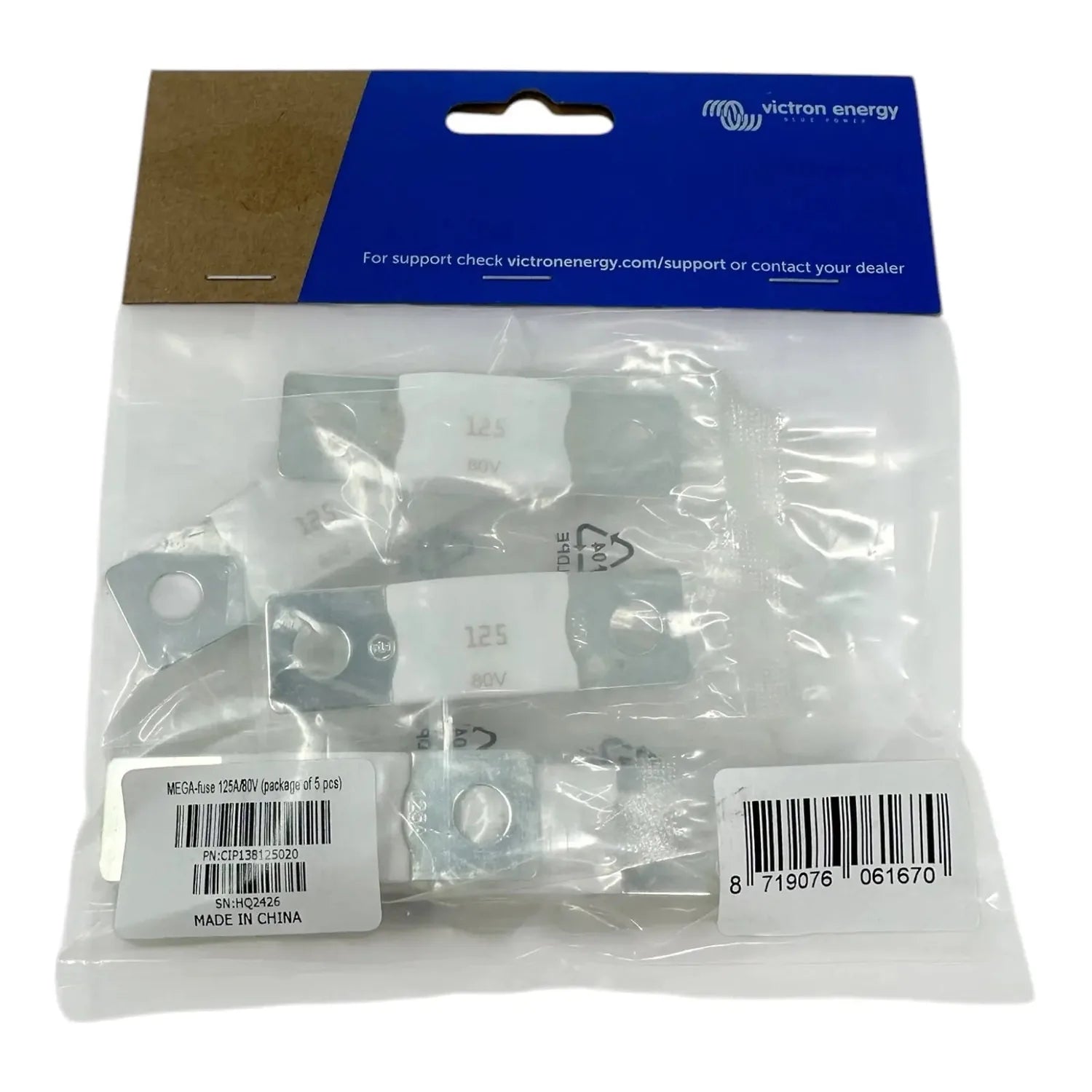 Victron Energy MEGA-fuse 125A/80V package containing 5 ceramic fuses with metal end caps, displayed in clear plastic blister 