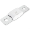 White rectangular fuse with 150A and 80V marked on center, mounted between two metal mounting plates with circular holes.