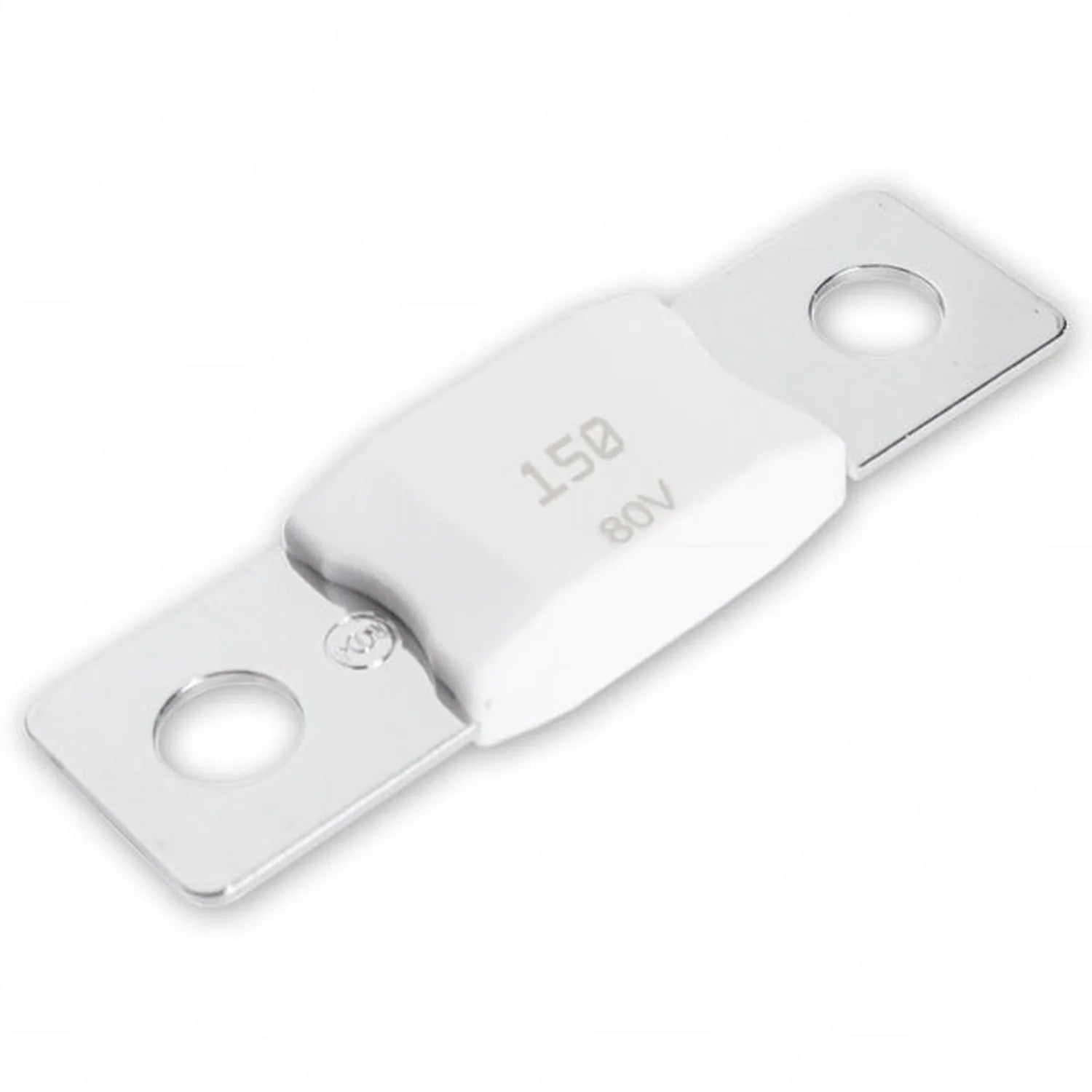 White rectangular fuse with 150A and 80V marked on center, mounted between two metal mounting plates with circular holes.