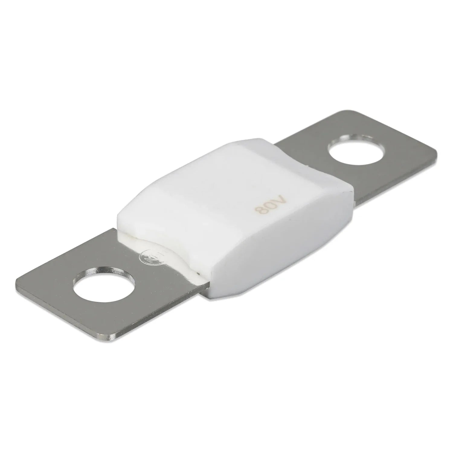 White MEGA-fuse with 80V marking mounted between two gray metal mounting plates with circular holes.