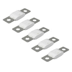 Five Victron MEGA-fuses with white ceramic bodies and gray metal end caps, arranged in diagonal rows against a white backgrou