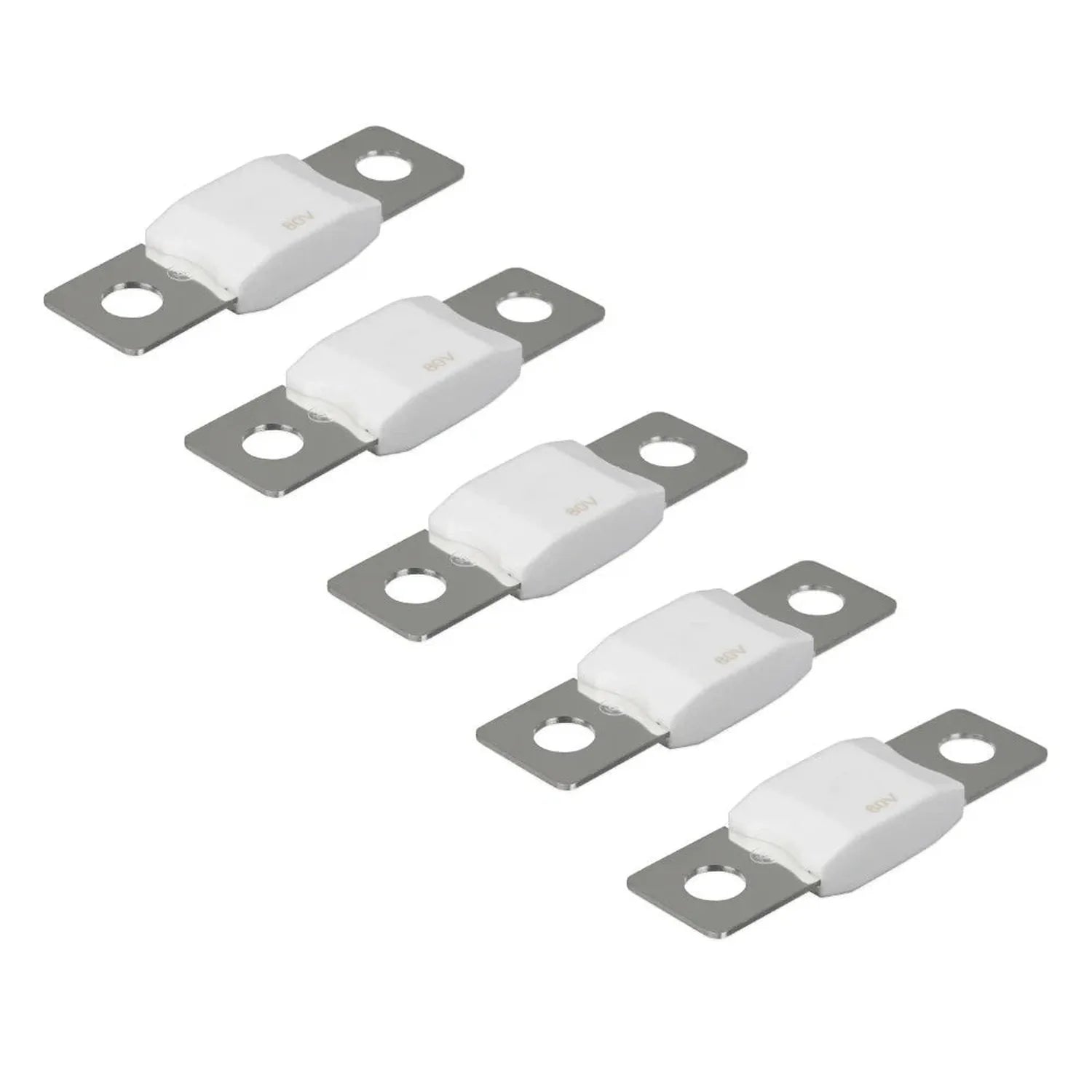 Five Victron MEGA-fuses with white ceramic bodies and gray metal end caps, arranged in diagonal rows against a white backgrou