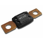 Littelfuse MEGA fuse with black housing and two copper terminal lugs mounted on white background.